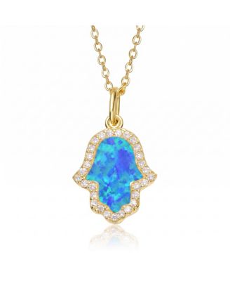 14K Gold Plated Sparkling Hamsa Opal and CZ Halo Necklace