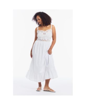 Plus Size Cotton Voile V-Neck Lace-Trim Ruffled Hem Maxi Dress