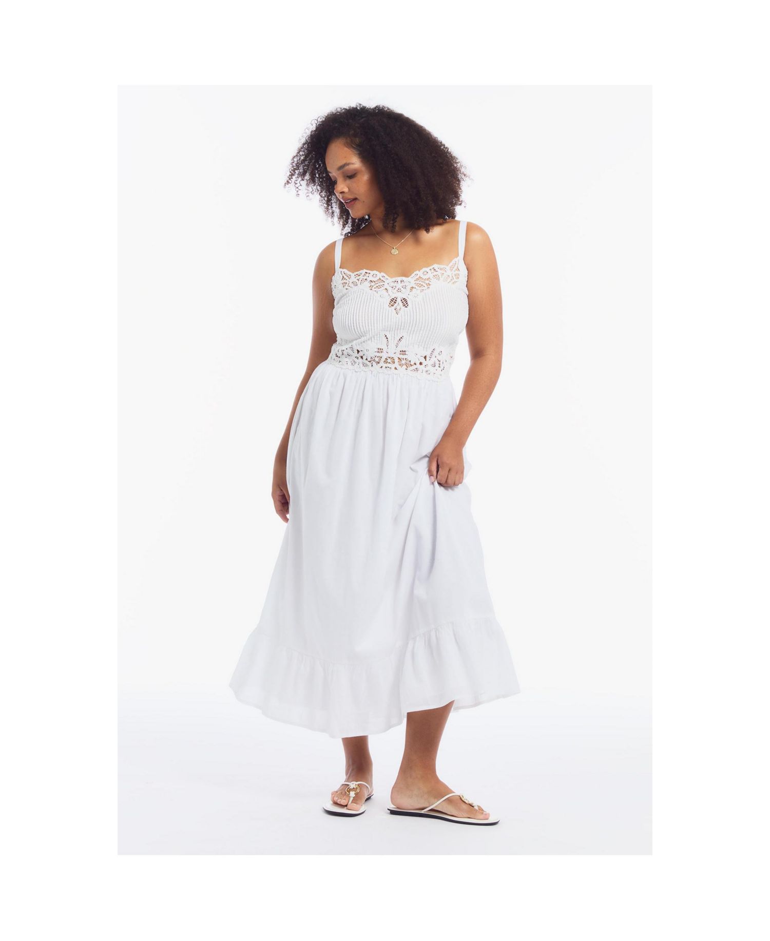 Plus Size Cotton Voile V-Neck Lace-Trim Ruffled Hem Maxi Dress