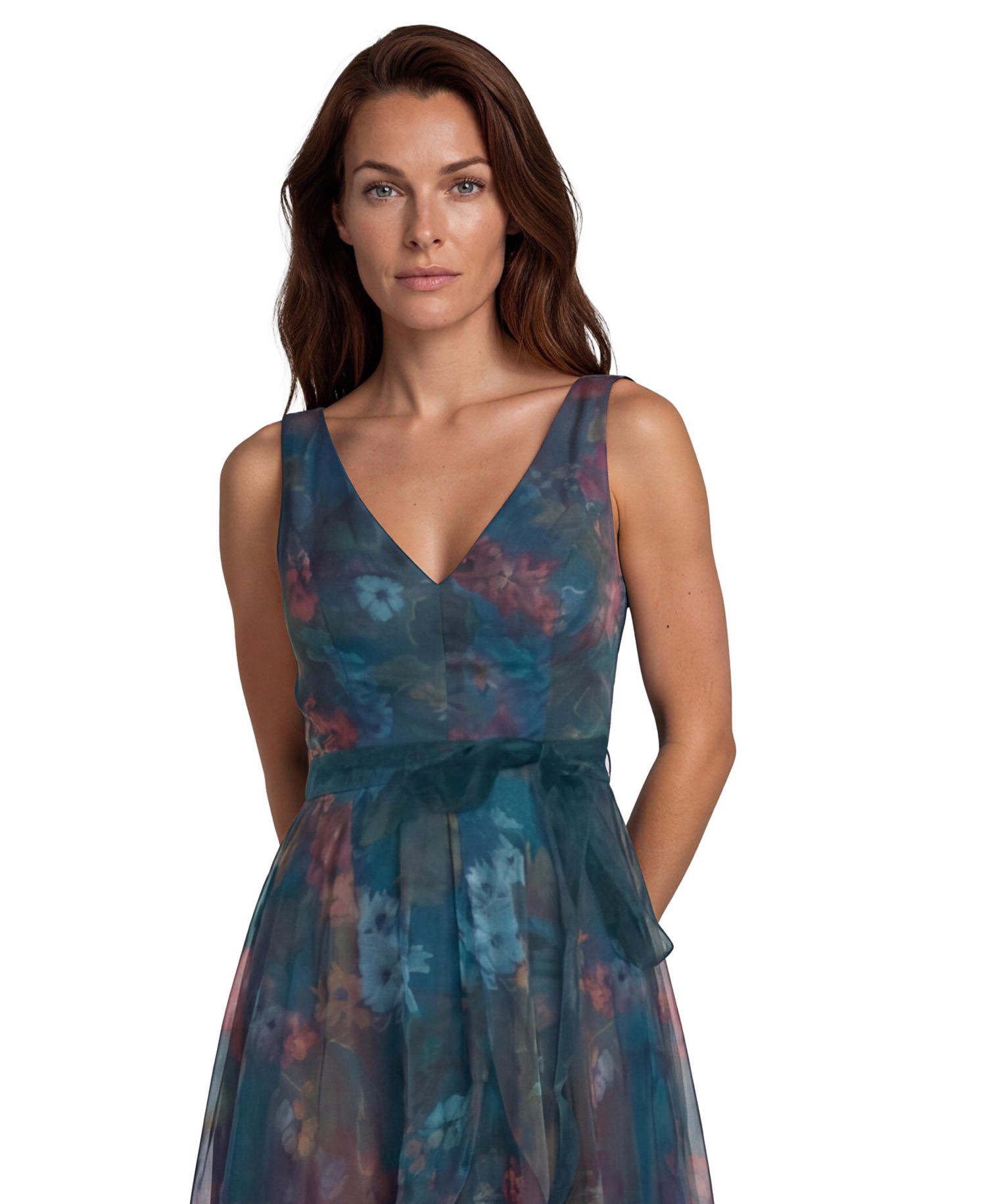 Women's V-Neck Floral-Print A-Line Gown
