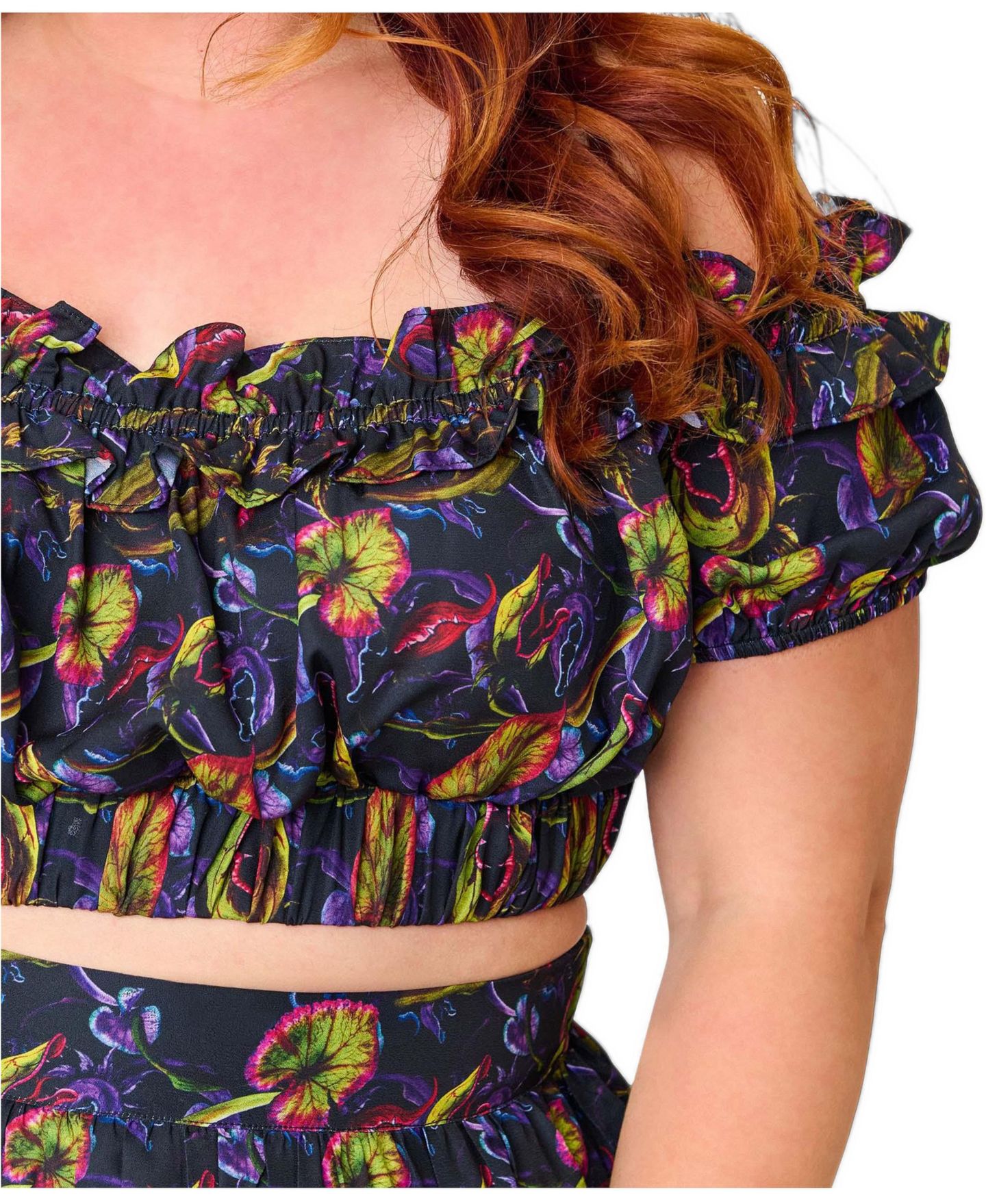Женский топ Unique Vintage Plus Size 1970s Ruffle Up Crop, цвет: Чёрный с принтом, вариант 1 — фото 3
