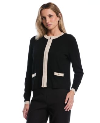 Petite Colorblock Zip-Up Crewneck Cardigan