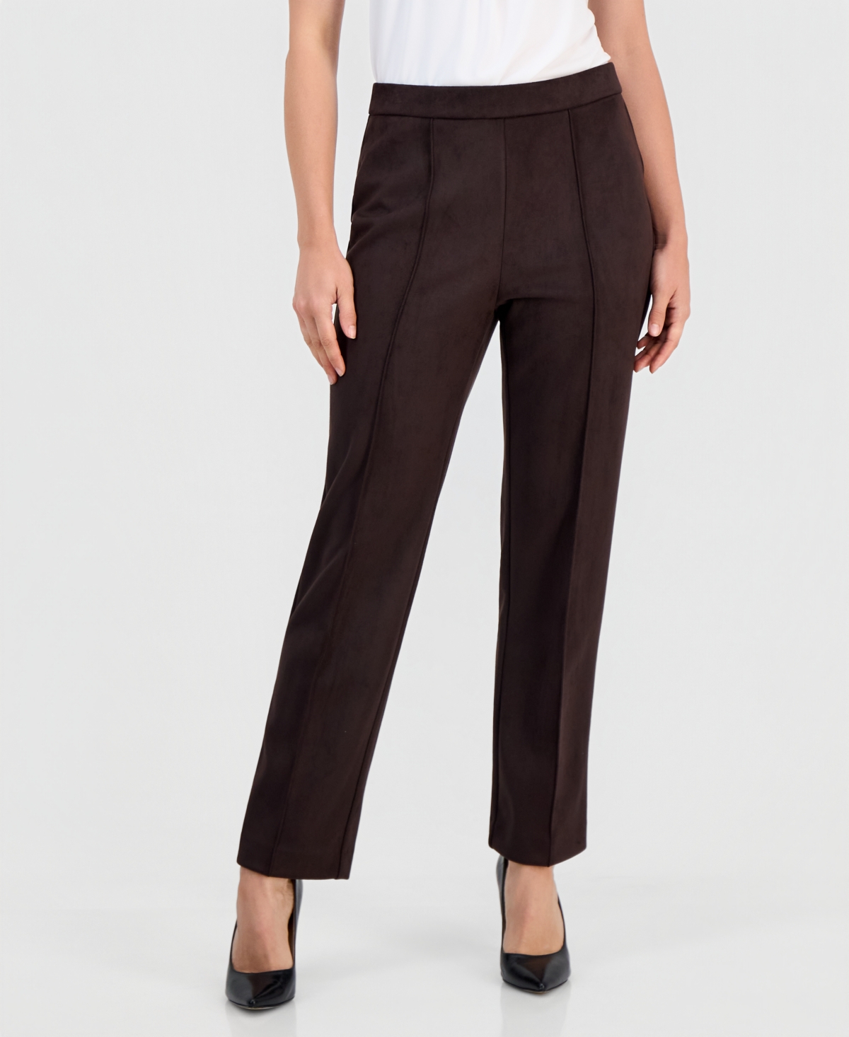 Anne Klein Essentials Petite Faux Suede Pull-On Straight-Leg Pintuck Pants - Deep Mahogany