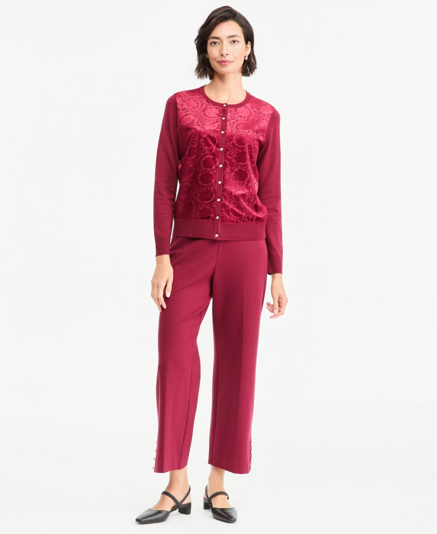 Женский кардиган JM Collection Petite Burnout Velvet Cardigan, цвет: Вишнёвый — фото 2