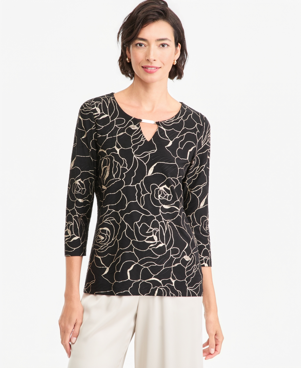 Jm Collection Petite Floral-Print 3/4-Sleeve Keyhole T-Shirt, Macy's Exclusive