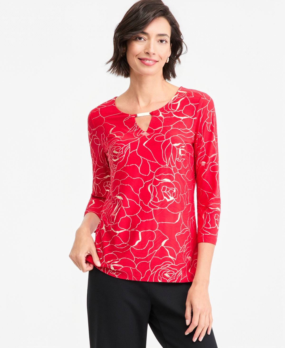 Jm Collection Women's 3/4-Sleeve Keyhole Shine Party Top, Macy's Exclusive - Real Red