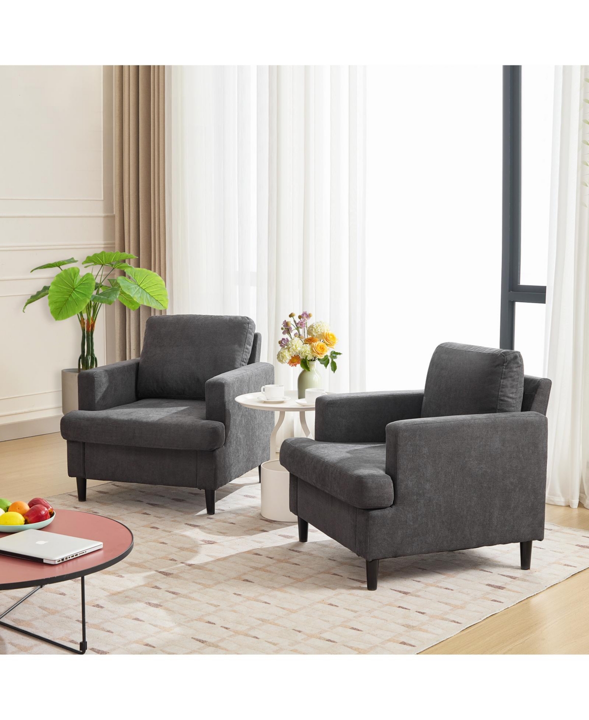 homfan Mid-Century Accent Chair, Modern Linen Fabric Armchair for Living Room, Comfy Convex Seat Reading Single Sofa Chair with Solid Wood Frame