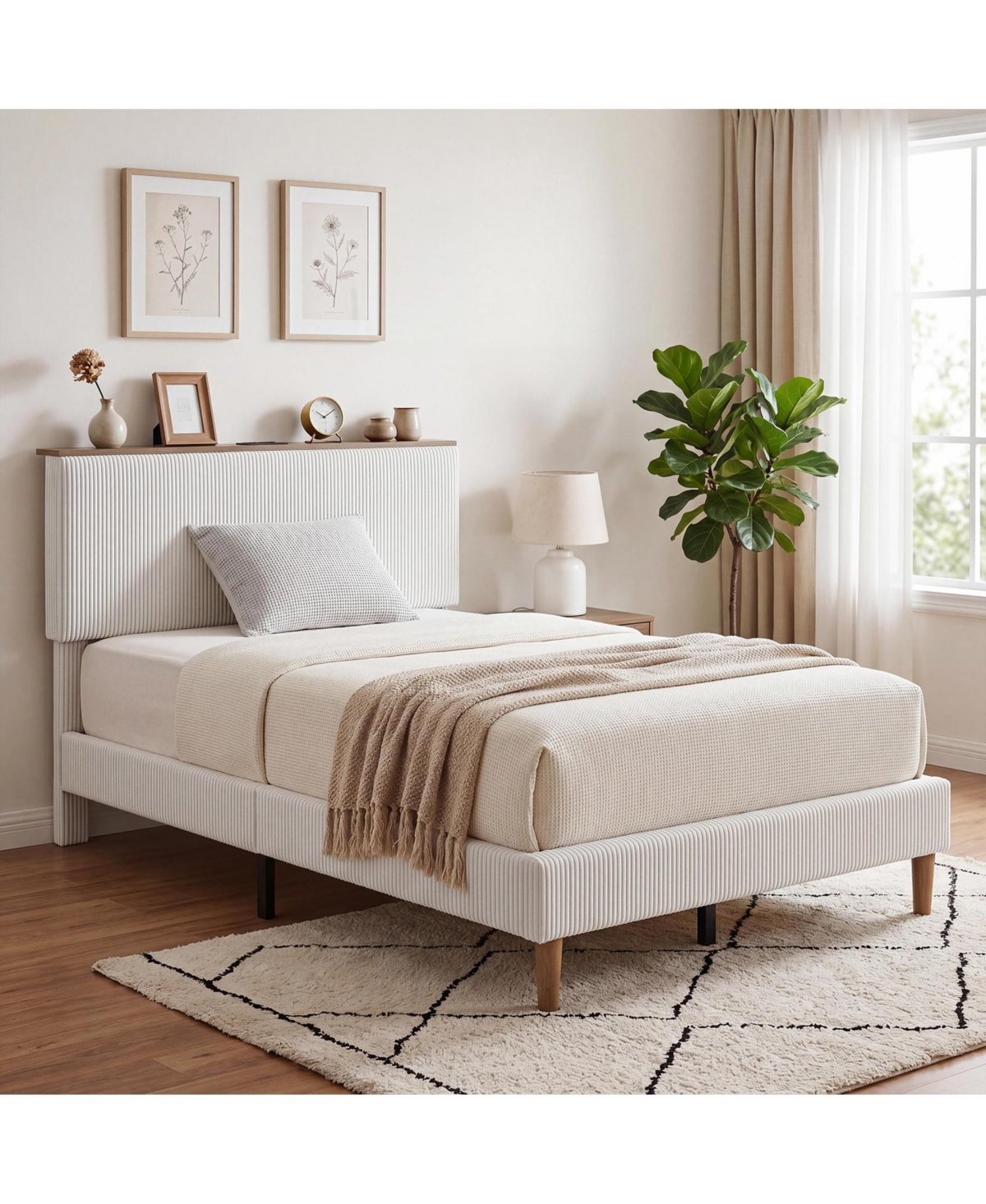 homfan Bed Frame Headboard, Upholstered Platform Bed Frame, Corduroy Storage Headboard, Charging Station, Led Lights, Noise Free