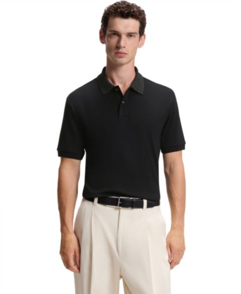 Мужское поло Hugo Boss Cotton Regular-Fit Patterned Collar Polo Shirt, цвет: Чёрный