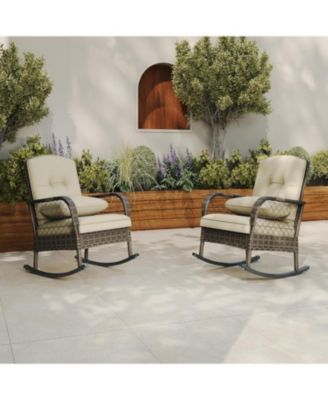 Set of 2 Outdoor Rocking Chairs with Cushions, Wicker, High-Back, Ergonomic High-Back Comfort, Handwoven Brown Rattan, Rustproof Steel Frame
