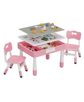 4-in-1 Activity Table and Chair Set, Double-Sided Tabletop Building Block Base Drawing Board, 2 Adjustable Chairs, Multi-Purpose Desk