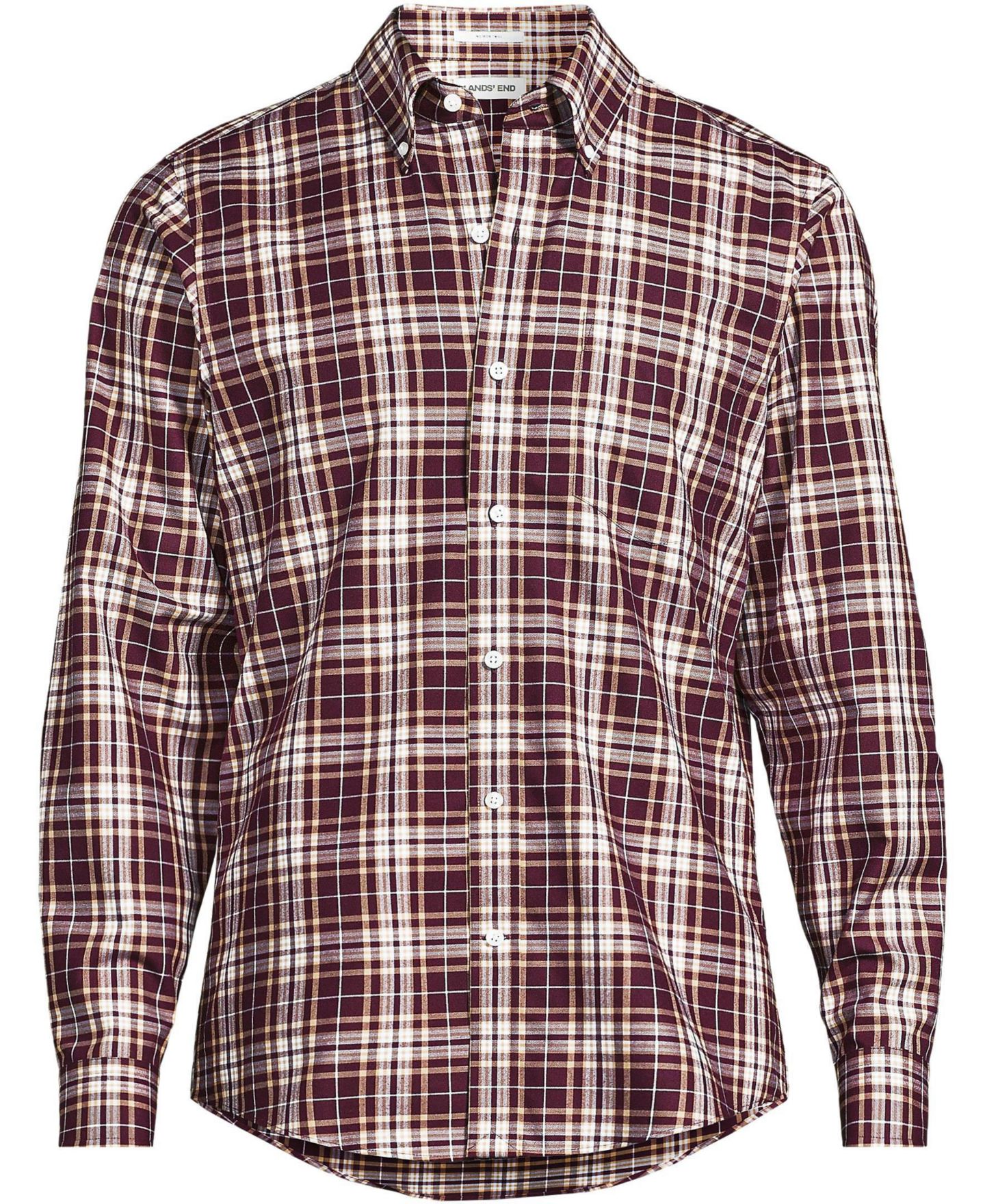Мужская рубашка Lands' End Tailored Fit No Iron Twill Long Sleeve, цвет: Бордовый / Рыжевато-коричневый клетчатый — фото 1