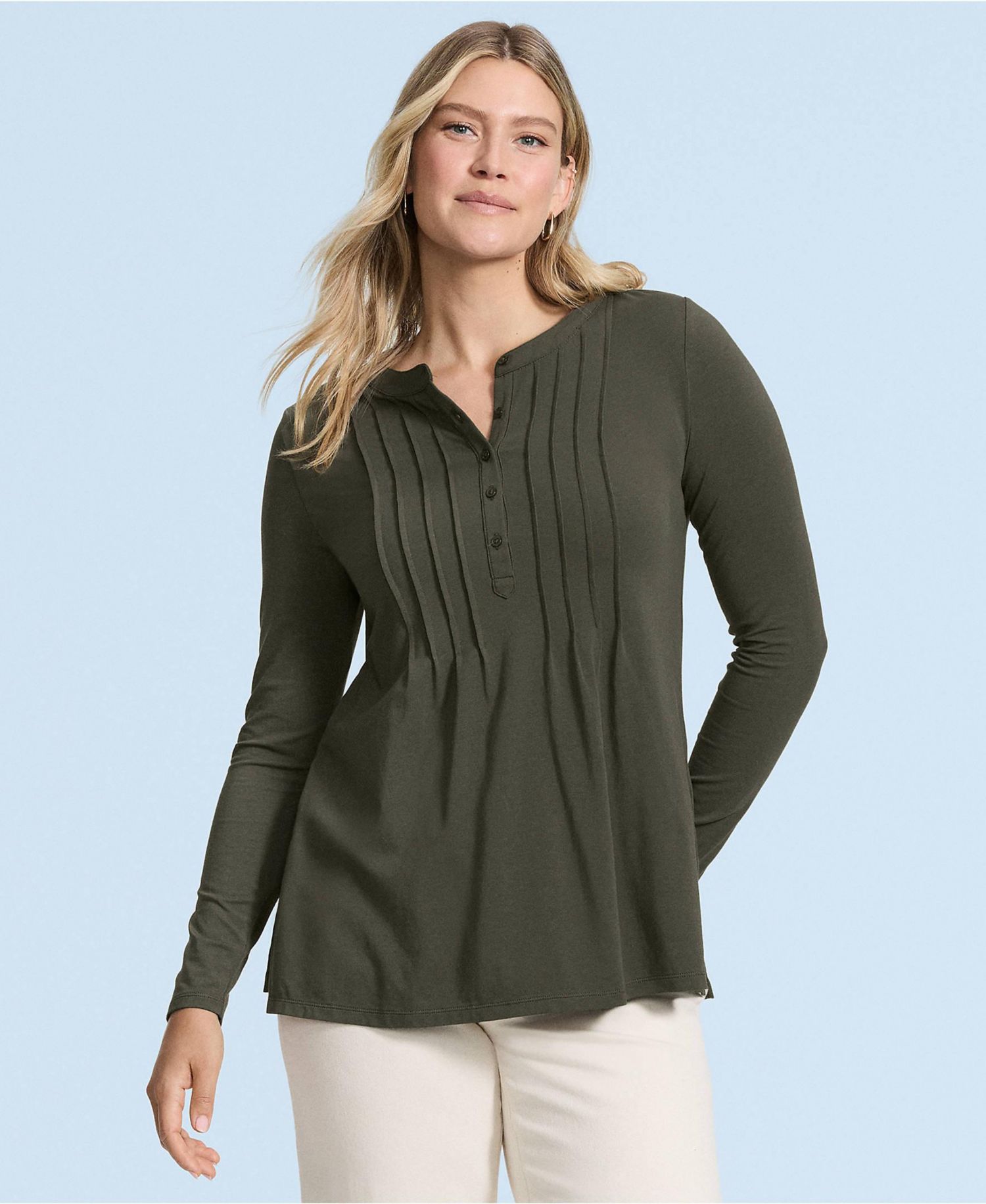 Women's Long-Sleeve Henley Pintuck Tunic