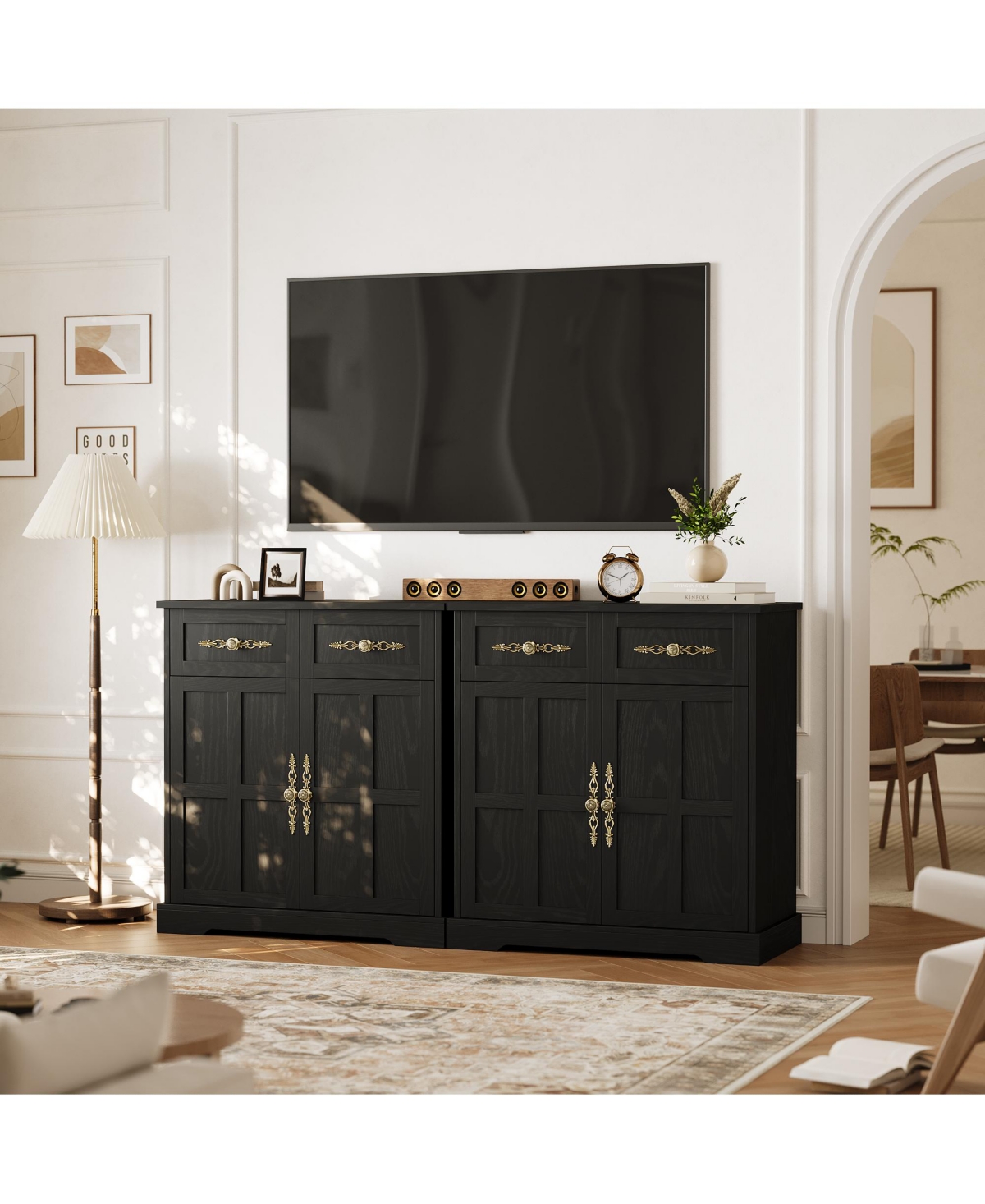 gaomon 33.5-Inch Modern Farmhouse Buffet Sideboard with 4 Drawers and Gold Handles, Tall Kitchen Storage Credenza Coffee Bar Cabinet