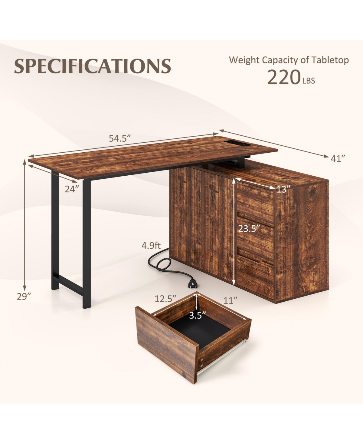 Costway 54.5" L-Shaped Computer Desk with File Cabinet, 3 Drawers and Charging Station