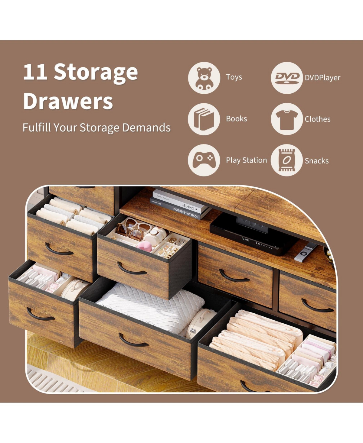 gaomon 63-Inch 11-Drawer Dresser with Integrated Power Outlets and Led Lighting, Tv Stand for 70-Inch Screens, Wide Chest for Bedroom and Living