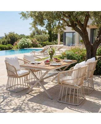5-Piece Outdoor Dining Set, Wood Table and 4 Woven Rope Chairs with Steel Frame