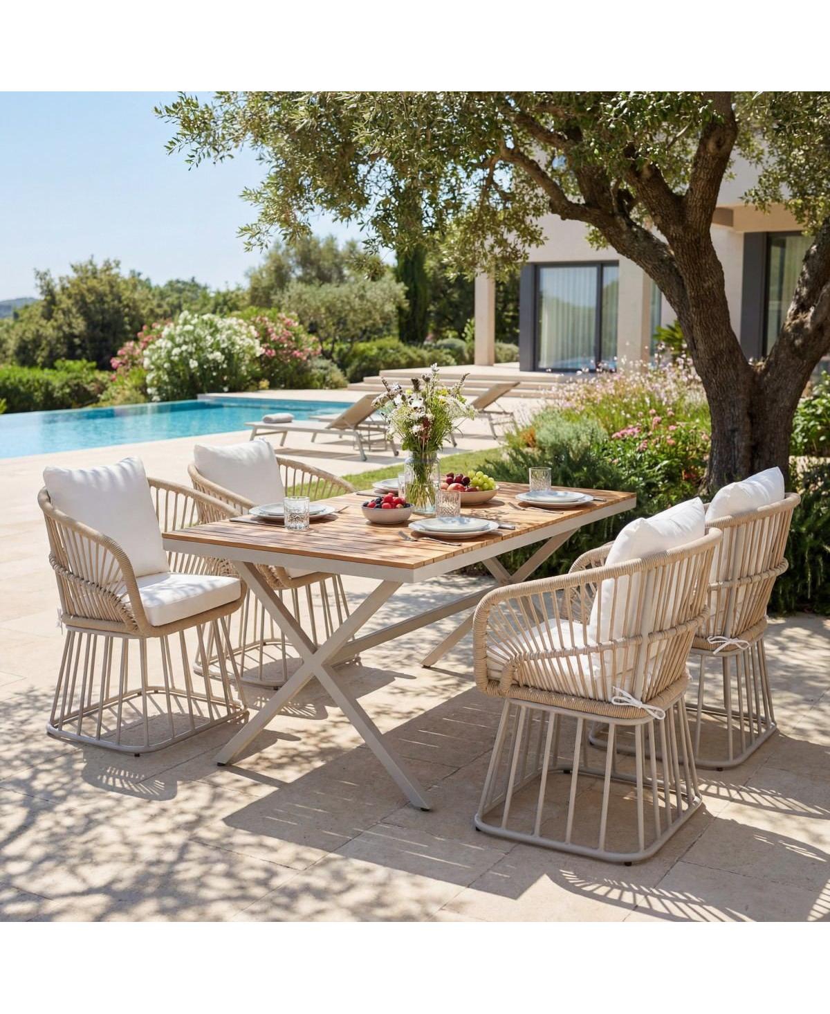 Asagikoiai 5-Piece Outdoor Dining Set, Wood Table and 4 Woven Rope Chairs with Steel Frame