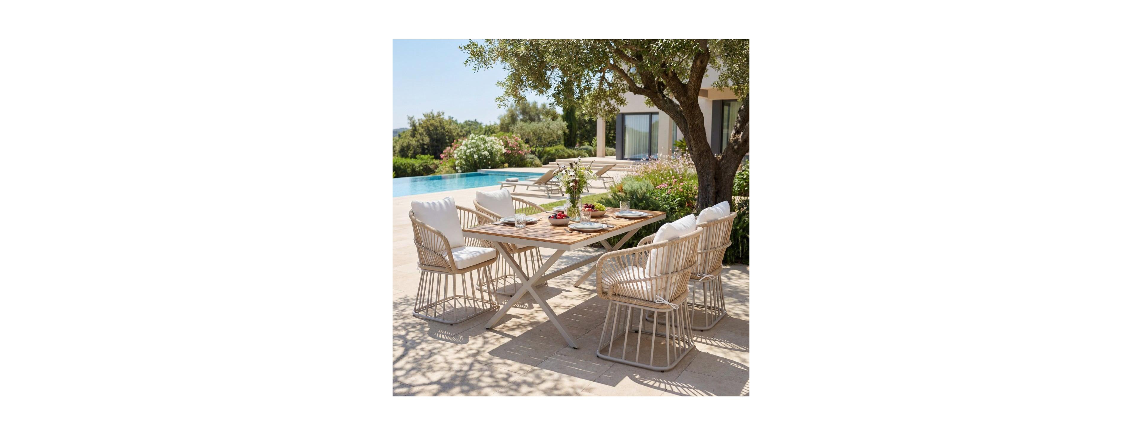 Asagikoiai 5-Piece Outdoor Dining Set, Wood Table and 4 Woven Rope Chairs with Steel Frame