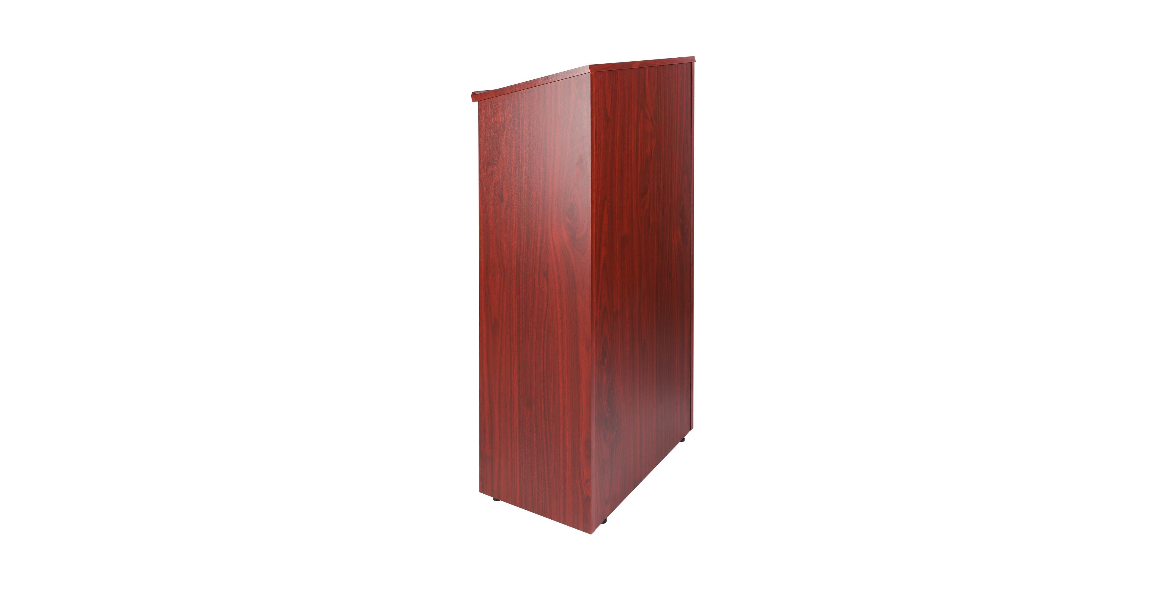 Sugift 47 in Wood Podium Stand with 4 Rolling Wheels Storage Shelves and Slant Desktop
