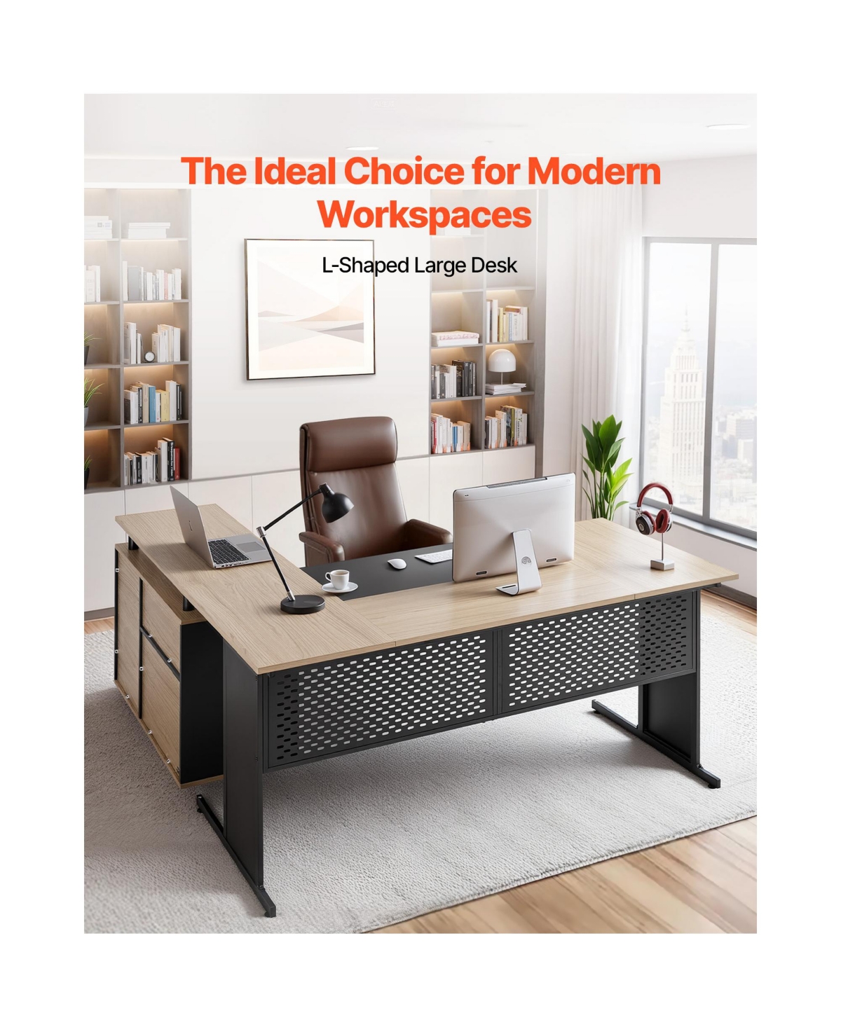 Sugift L-Shaped Executive Desk with Drawers and Storage Cabinet 350 Lbs Load Capacity Easy Assembly