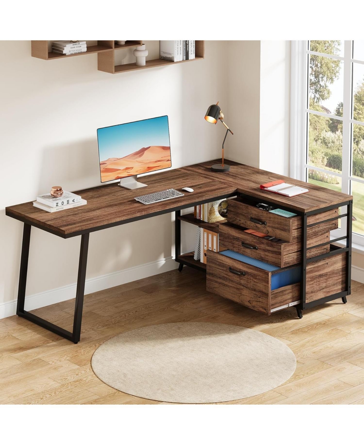 Tribesigns 53" L-Shaped Desk with 3 Drawers and Shelves
