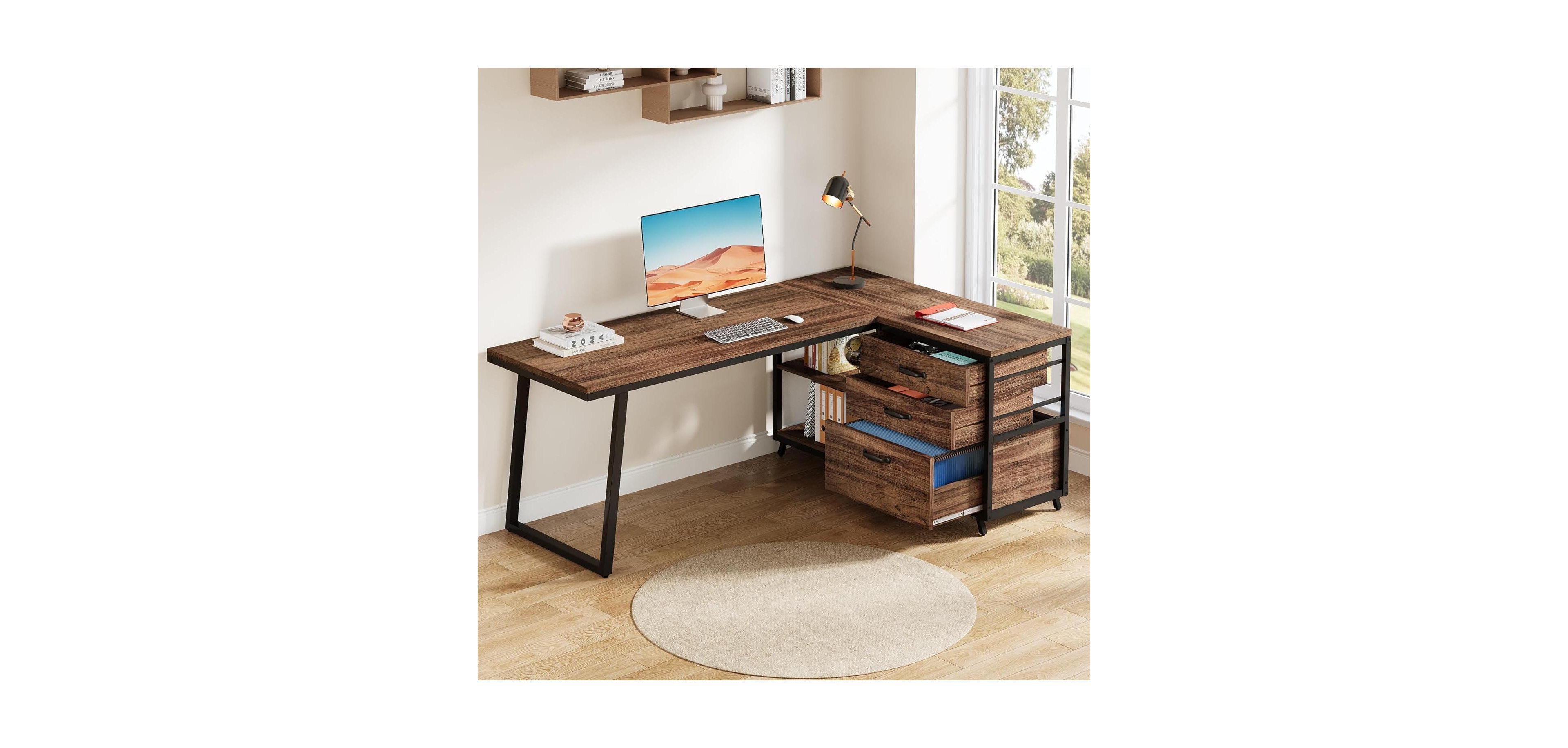 Tribesigns 53" L-Shaped Desk with 3 Drawers and Shelves