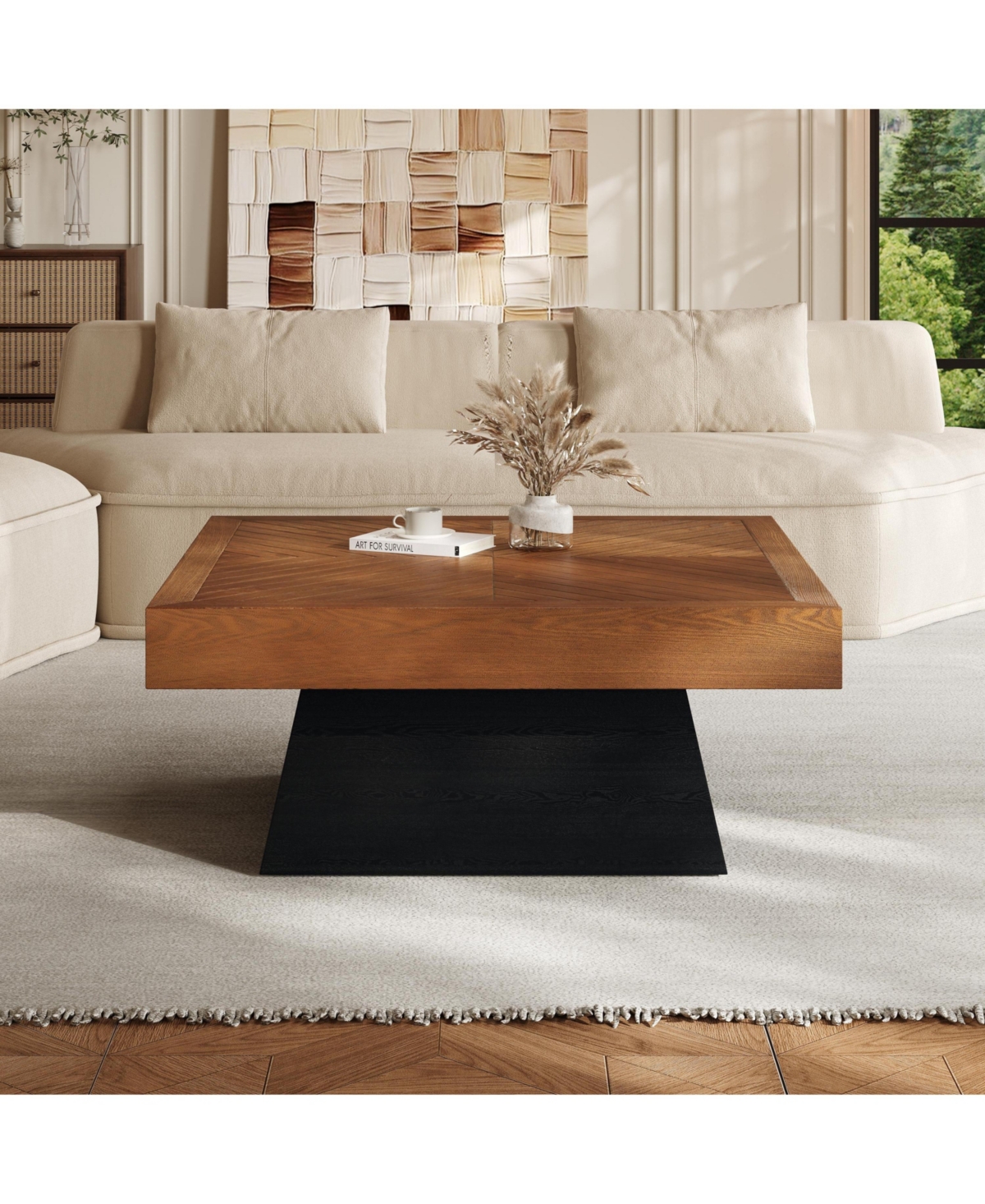 Flynama 31.5" Square Mid-Century Coffee Table, Wood-Grain Top and Base Farmhouse Center Table