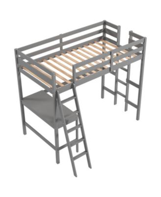 Twin Loft Bed Frame with Built-In Desk and Angled Ladder