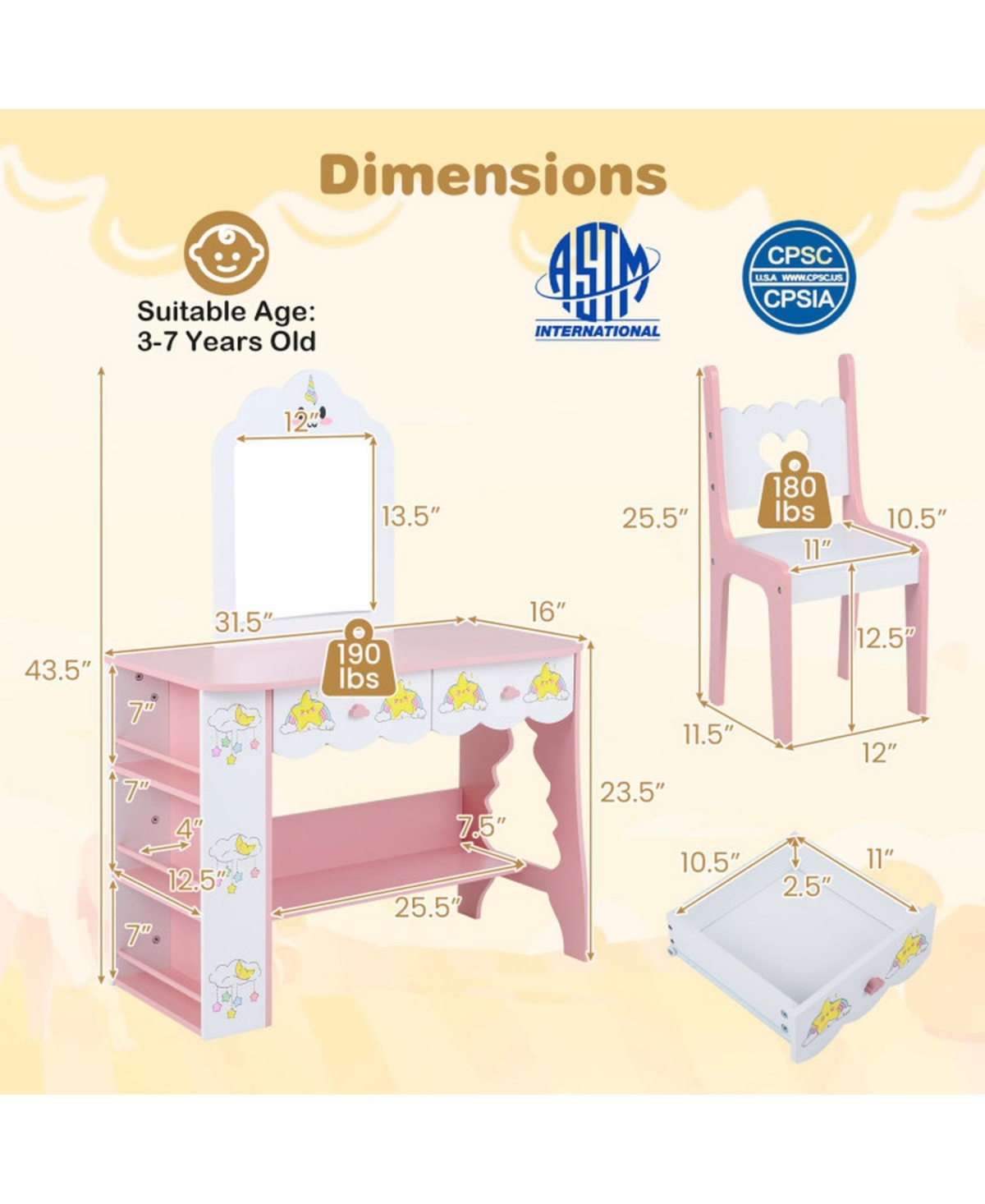 Sugift Kids Vanity Makeup Table and Chair Set with Side Bookshelf and 2 Storage Drawers