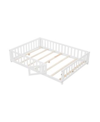 Full Size Montessori Bed Frame with Full-Length Guardrails Safety Door and Latch