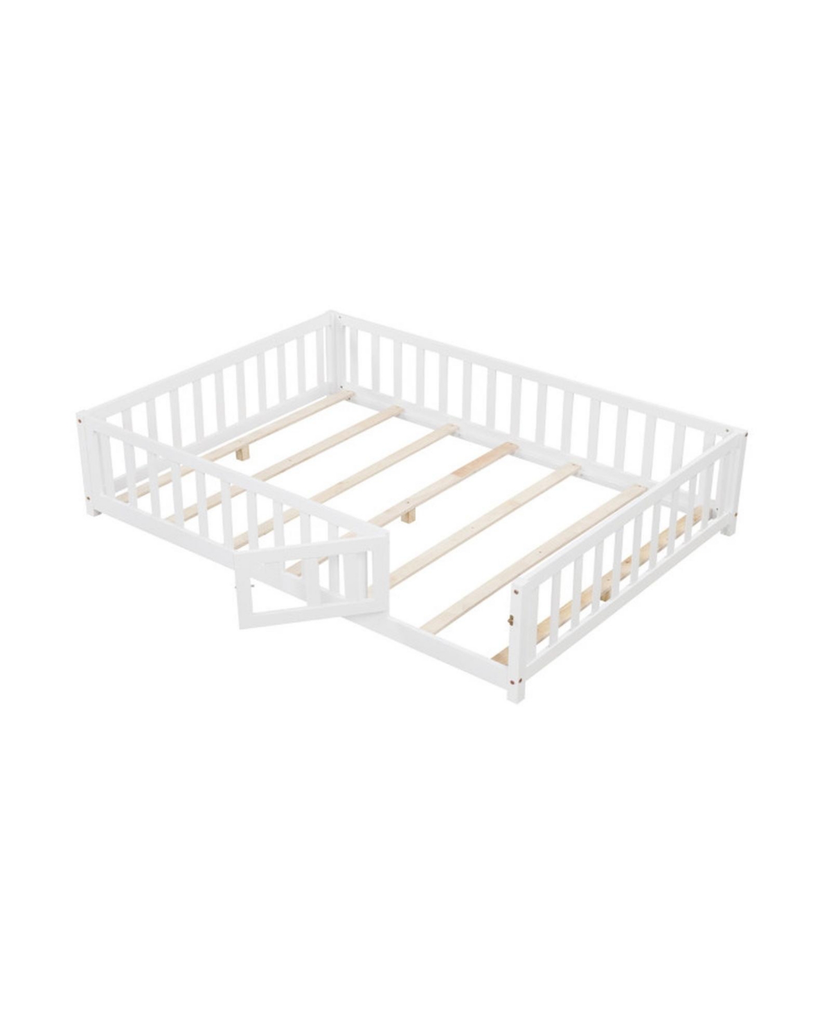 Sugift Full Size Montessori Bed Frame with Full-Length Guardrails Safety Door and Latch - White