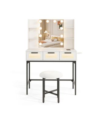 Makeup Vanity Desk with 10-Bulb Hollywood Mirror Charging Station and Padded Stool
