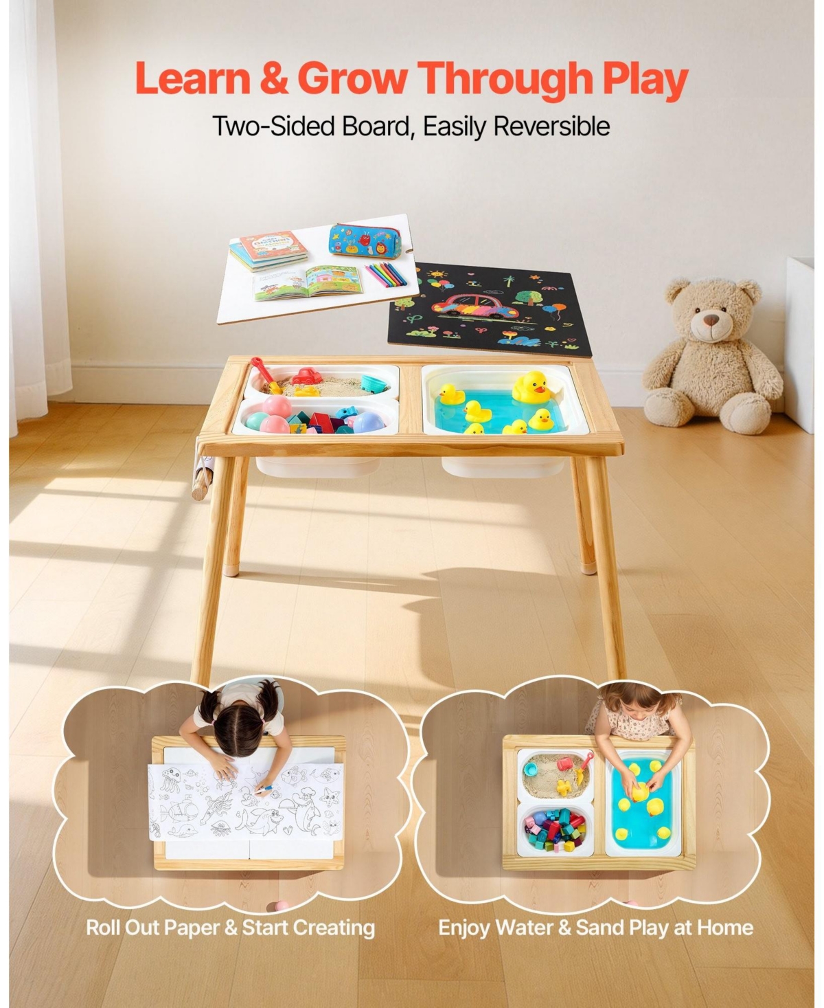 Sugift Wooden Kids Double-Sided Sensory Activity Table with 2 Stools, Non-Slip Feet, Ages 3+