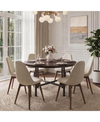 47.24" Round Dining Table, Walnut and  | Solid Wood Top,  Metal Pipe Legs, Rustic Design