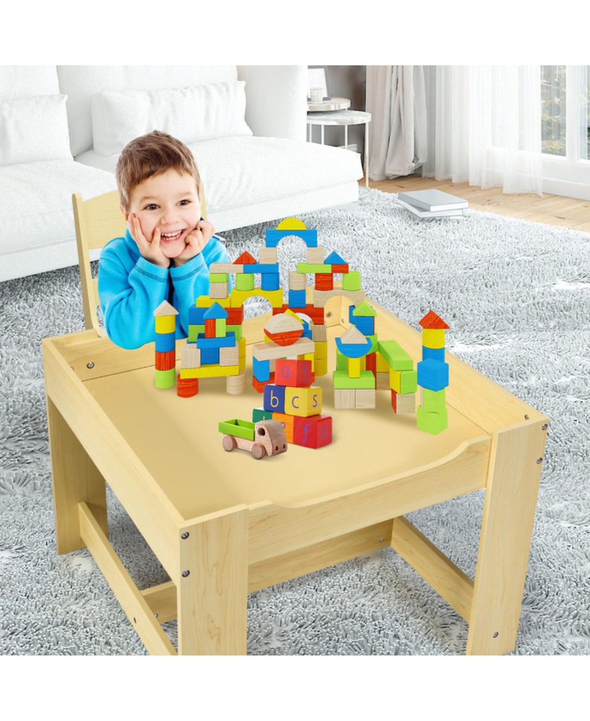 Gouun Kids 24 Inch Activity Table with 2 Chairs Blackboard Whiteboard and Storage