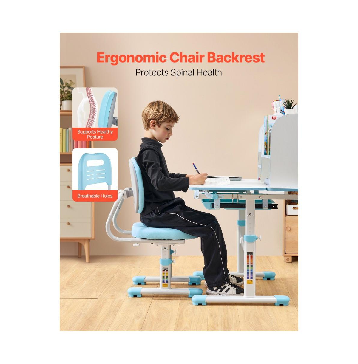 Slickblue Children's Study Desk and Chair Set with Adjustable Height, Bookshelf Tilting Desktop