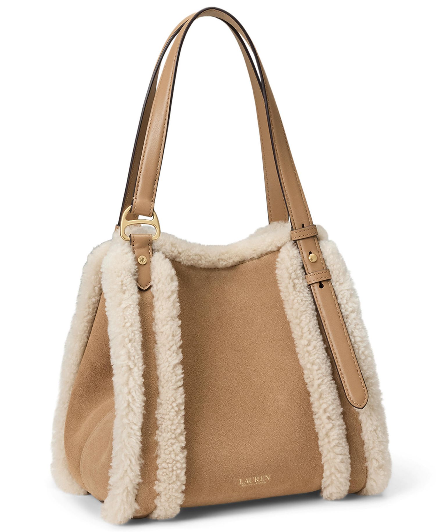 Tasha Suede Shearling Trim Small Tote Bag