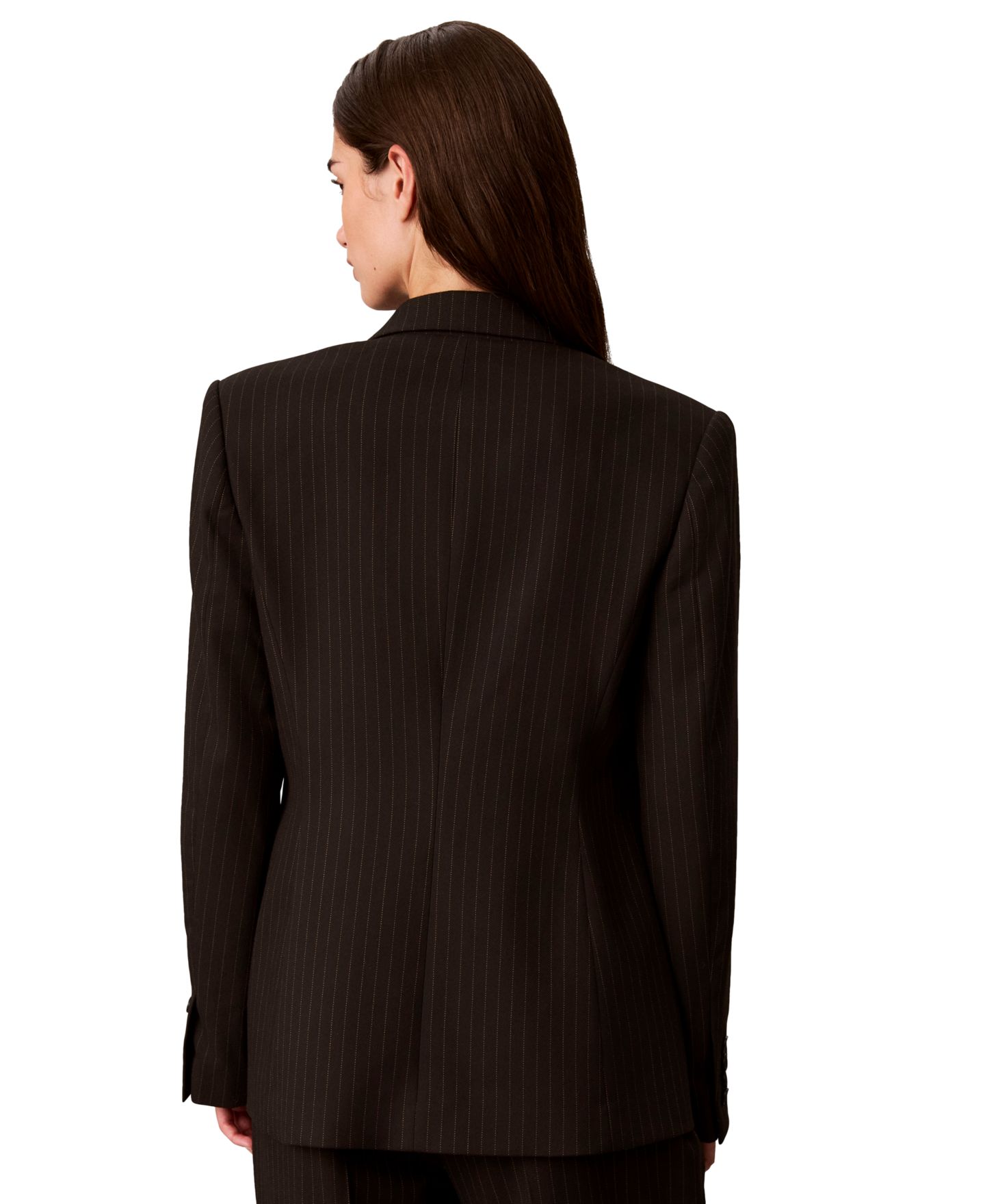 Женский пиджак Calvin Klein Double-Breasted Pinstripe Notch Collar Blazer, цвет: Чёрный / Седельно-коричневый — фото 11