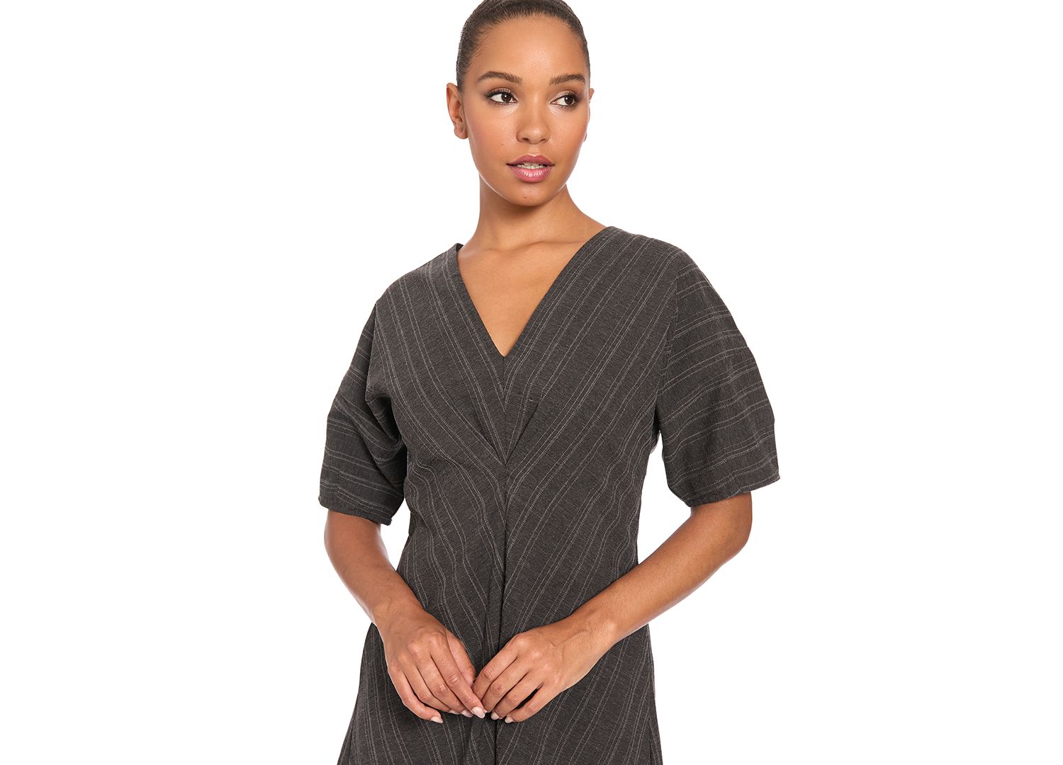 Women's 3/4 Puff-Sleeve V-Neck Striped Fit-and-Flare Midi Dress
