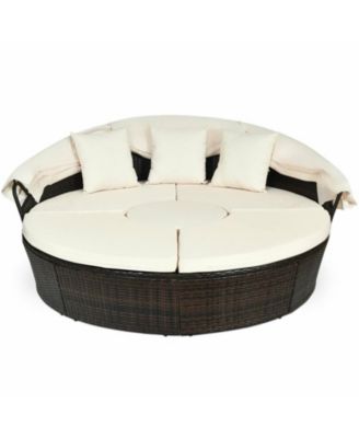 Patio Round Rattan Daybed Set with Retractable Canopy and Side Table