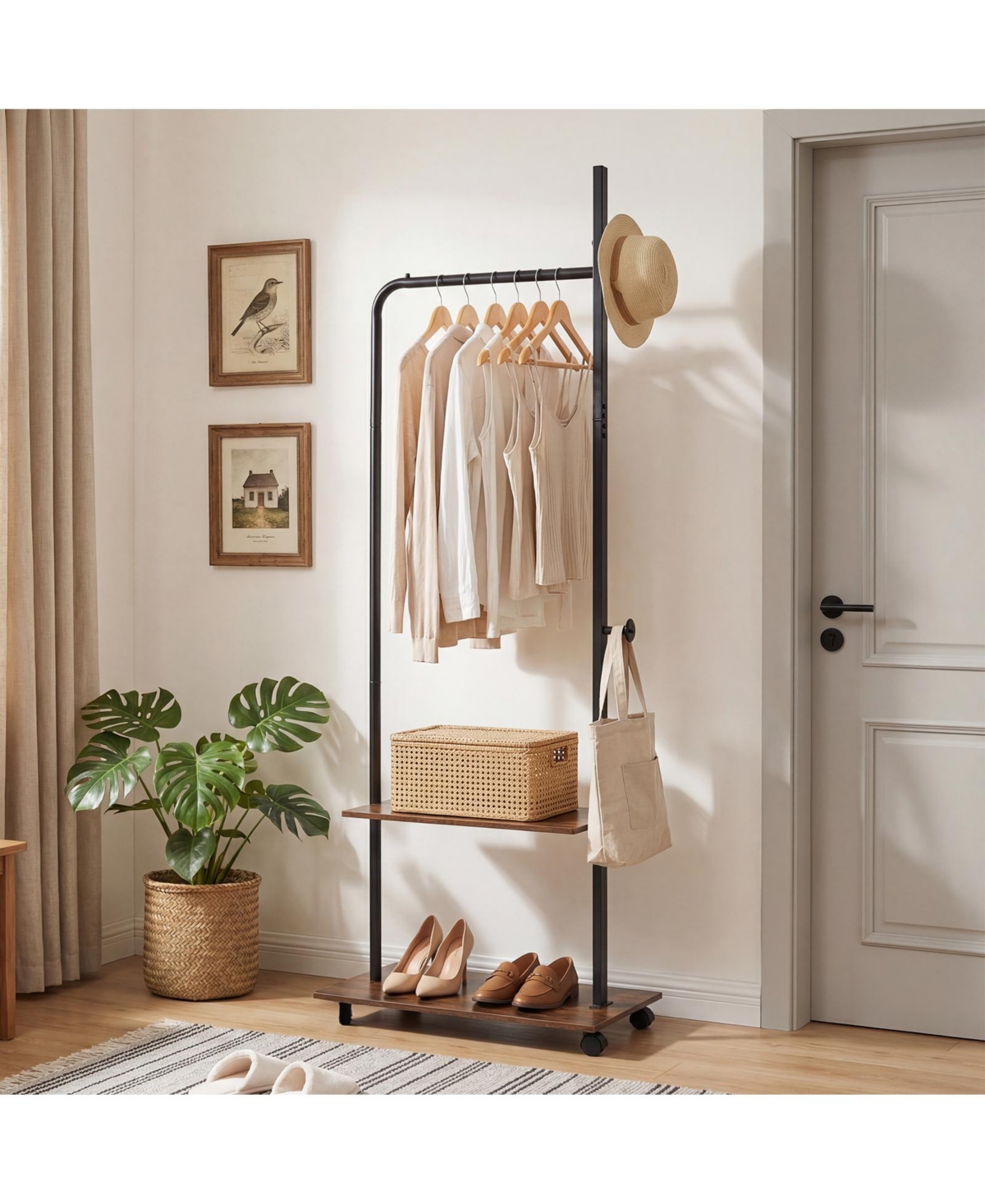 Costway Clothing Rack with Wheels, Wooden Garment Rack with Hanging Rod
