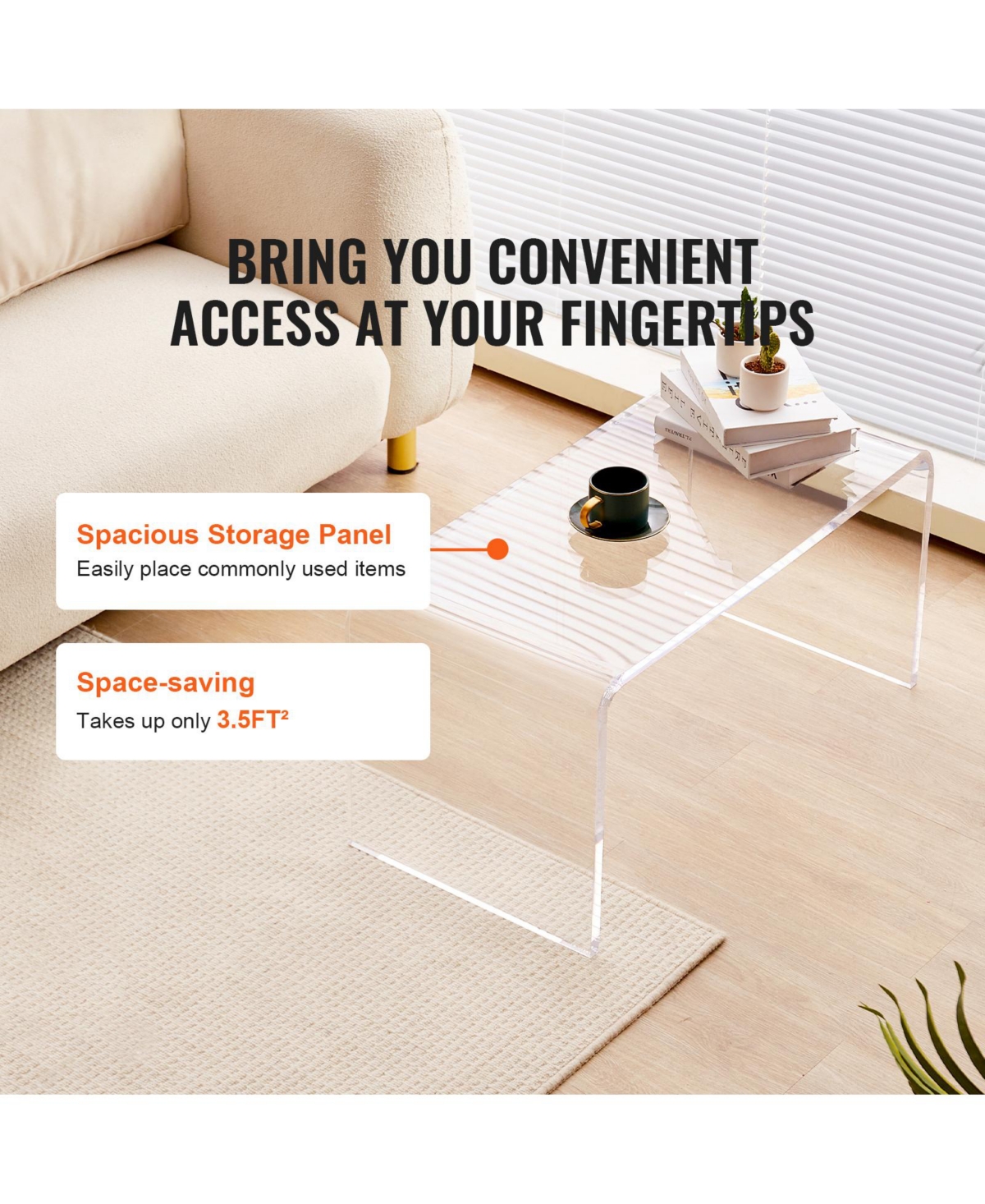 Sugift C-Shaped Clear Acrylic Coffee Table Side Table 32 x 15.8 x 16.3 in for Living Room Terrace