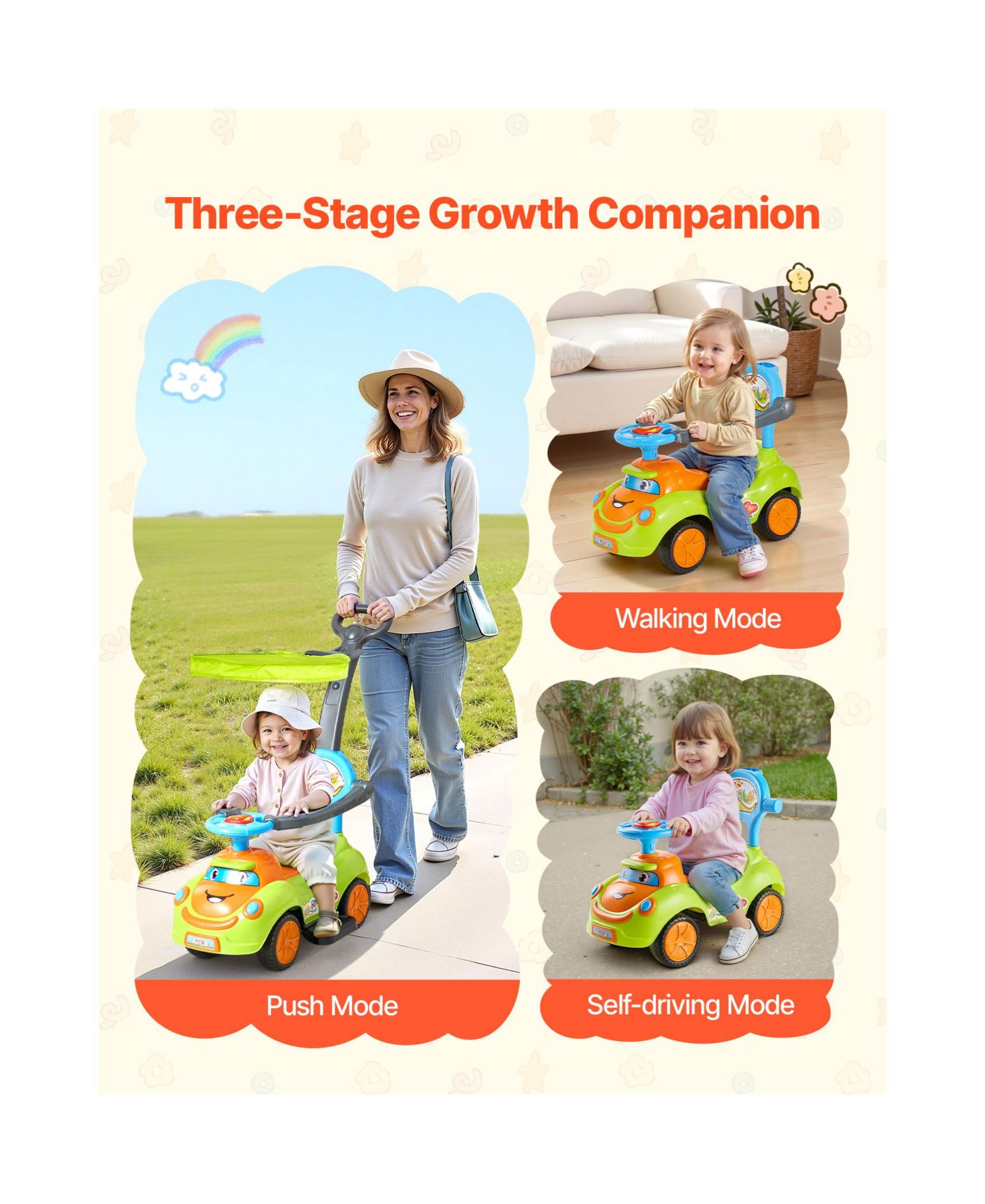 Детская игрушка SUGIFT 3-in-1 Ride-On Push Car with Interactive Steering Wheel, LED Lights & Music, Guardrails, 55 lbs, Ages 19-36 Months, цвет: Зелёный — фото 2