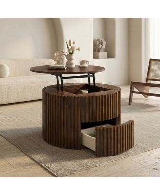 Round Lift Top Fluted Coffee Table, Solid Wood and MDF Accent Table with Hidden Storage Drawer
