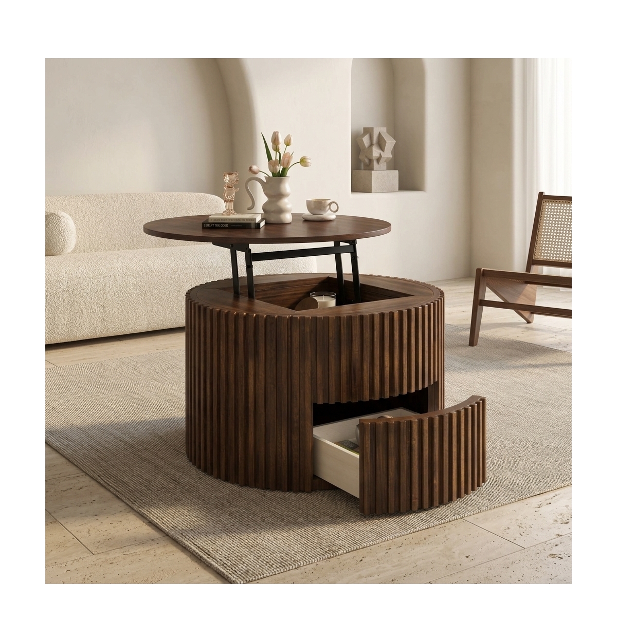 Flynama Round Lift Top Fluted Coffee Table, Solid Wood and Mdf Accent Table with Hidden Storage Drawer