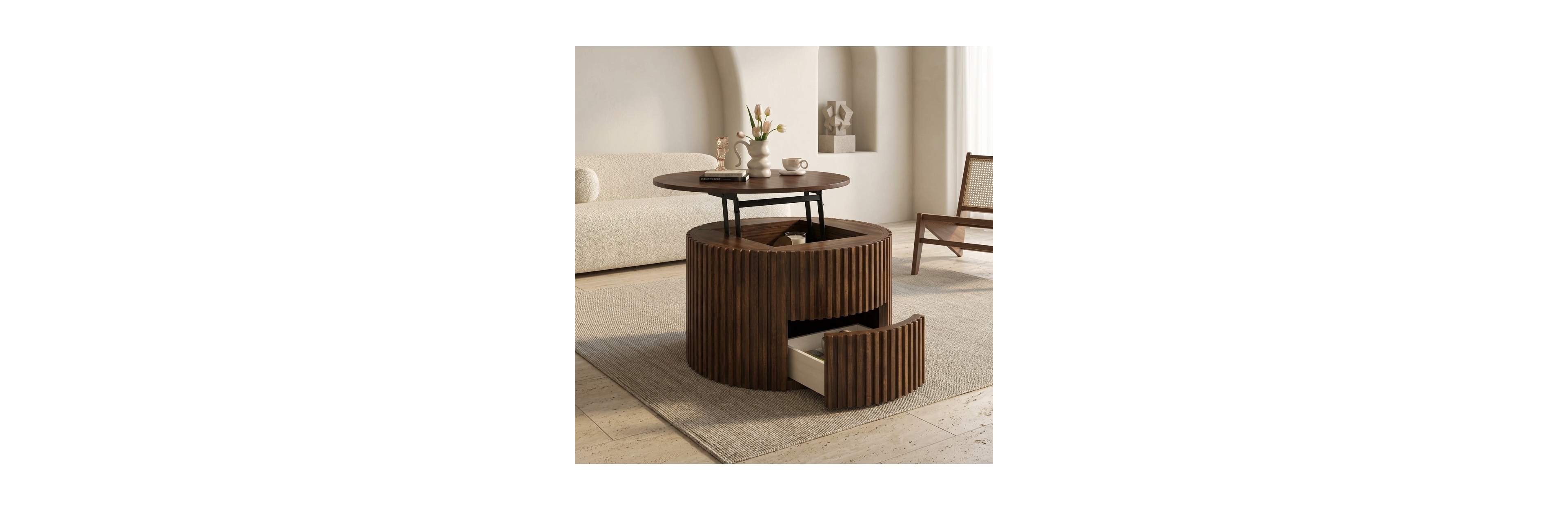 Flynama Round Lift Top Fluted Coffee Table, Solid Wood and Mdf Accent Table with Hidden Storage Drawer