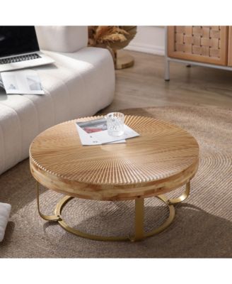 Round Wood Coffee Table Metal Legs Carved Pine Accent Living Room Table
