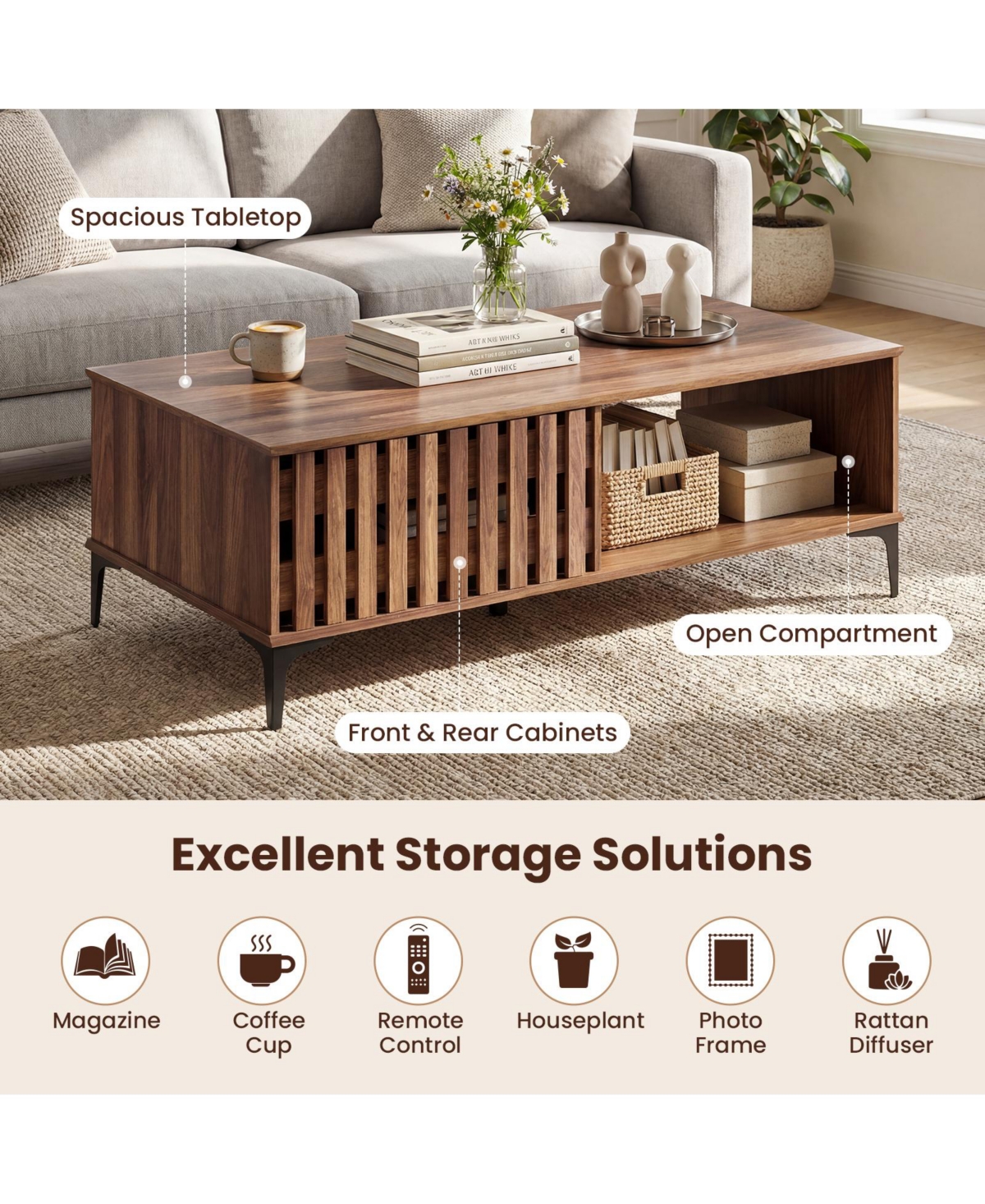 Costway 47" Mid Century Coffee Table with Fence Doors Open Compartment Front Rear Cabinets