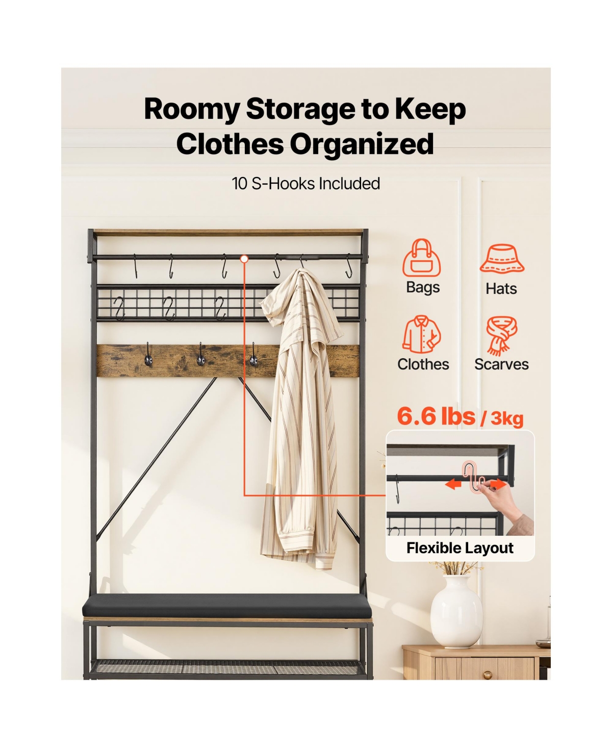 Sugift 72 in Hall Tree Coat Rack with Shoe Bench 2-Tier Shoe Rack Hooks Hanging Rod Wire Shelf